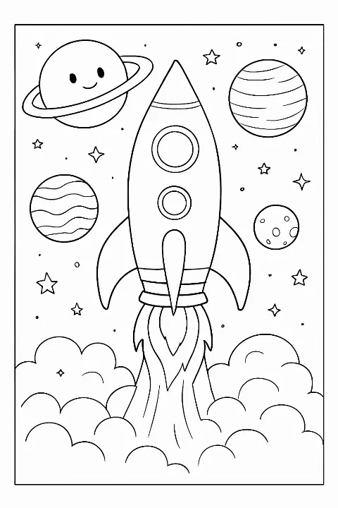 A detailed space travel rocket coloring page featuring planets and stars for creative coloring.