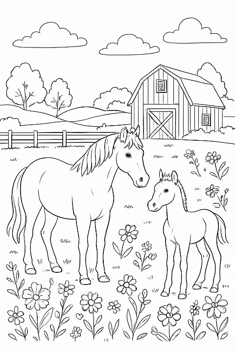 A peaceful horse farm coloring page featuring a mother horse and her foal in a sunny meadow.