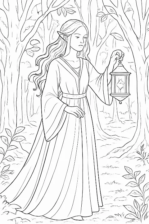 A detailed elf forest guardian coloring page featuring a graceful elf in a woodland setting with clear outlines.