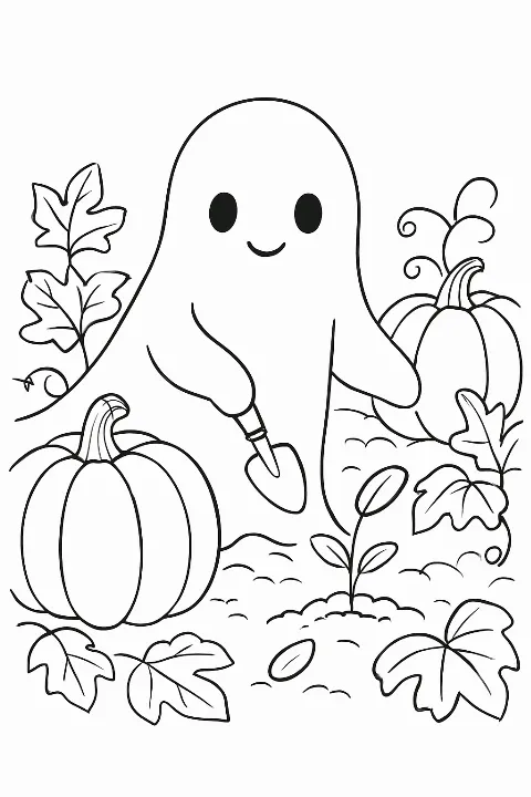 A friendly ghost gardening in a pumpkin patch on a ghost gardening coloring page.