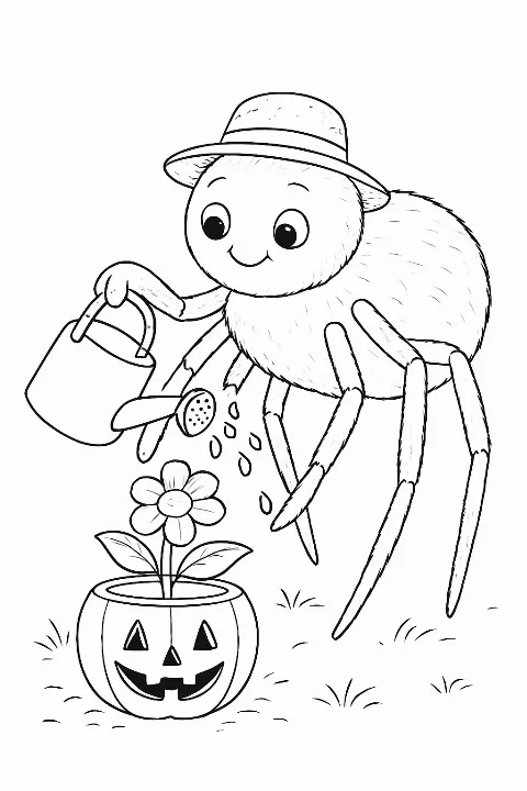 A happy spider wearing a sun hat watering a pumpkin planter on this friendly spider gardener coloring page.