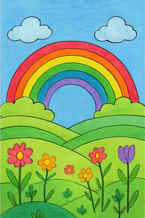 Coloring example - Magical Rainbow Landscape Coloring Adventure