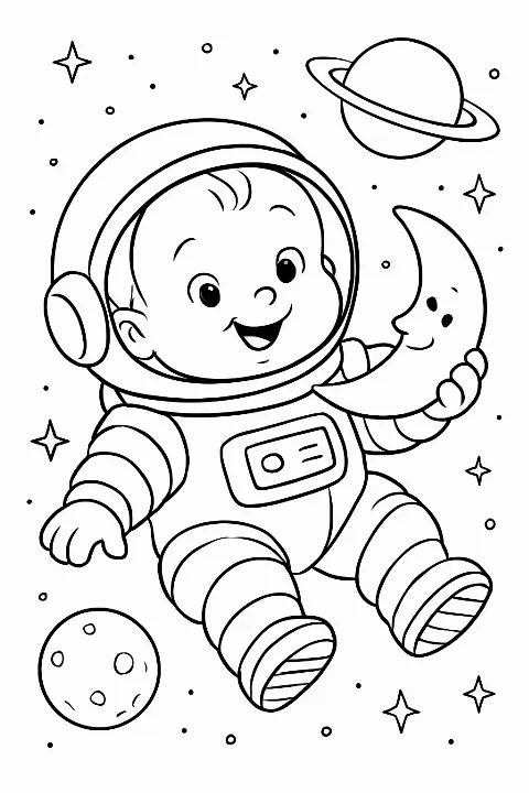 A cute baby astronaut floating among stars on a printable coloring page.