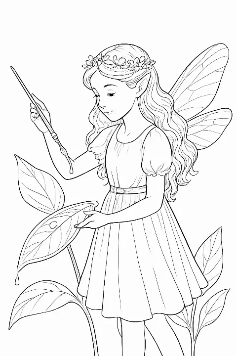 A detailed artist fairy coloring page featuring a tiny fairy painting a dewdrop on a leaf.