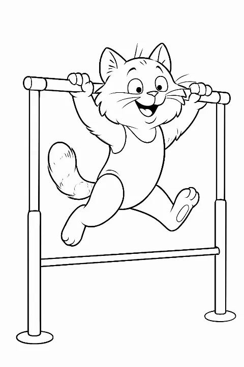 A fluffy kitten performing a routine on bars in this gymnastics cat coloring page.