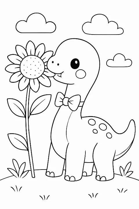 A cute baby Brachiosaurus eating a sunflower in this easy-to-color brachiosaurus coloring page for all ages.