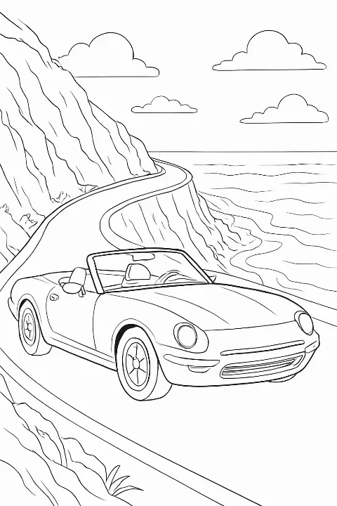Detailed coastal convertible coloring page featuring a scenic cliffside drive with ocean waves.