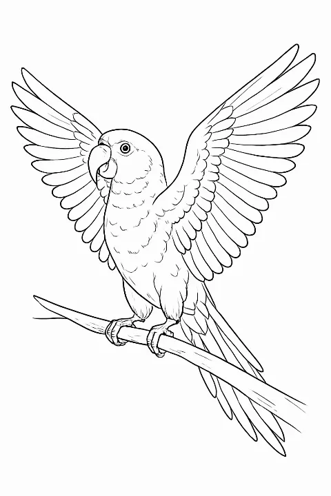 A detailed rainbow bird coloring page featuring a perched parrot with wide wings on a floral branch.