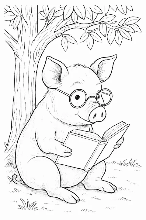 Detailed pig reading book coloring page with clean lines for kids and adults.