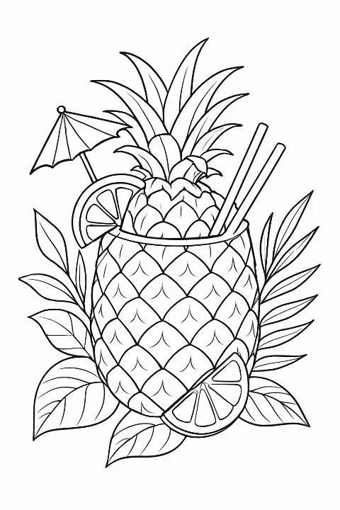 A detailed tropical cocktail coloring page featuring an exotic drink with fruit slices and palm leaves.