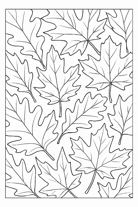 Detailed forest leaves coloring page with clean outlines and natural patterns.
