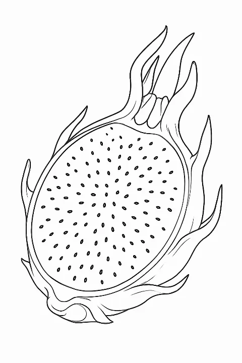 Detailed dragon fruit coloring page featuring a halved pitaya with clear outlines.