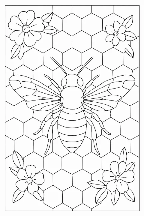 A detailed geometric bee coloring page surrounded by elegant hexagonal honeycomb patterns.