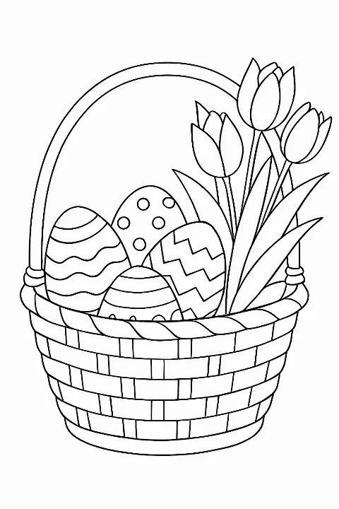 Detailed Easter basket coloring page with ornate eggs and flowers.