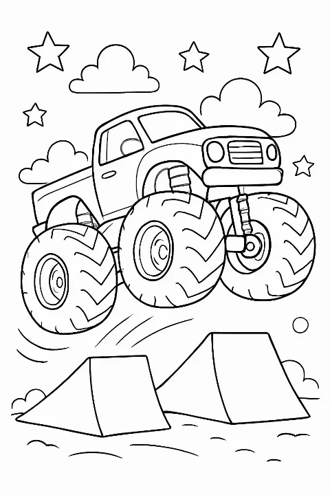 A happy monster truck soaring through the air in a detailed monster truck coloring page.