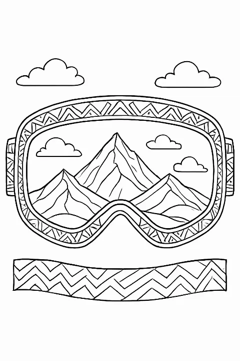 A detailed skiing goggles coloring page showing a mountain range reflected in the lenses with bold line art.