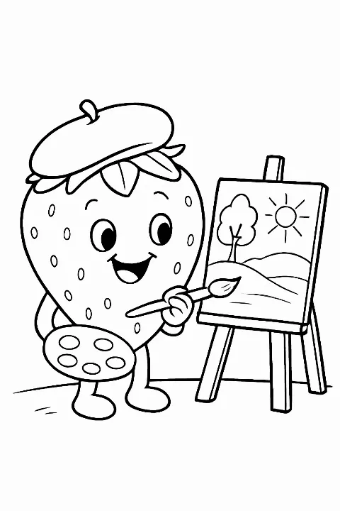 A cute strawberry artist painting on an easel in this detailed strawberry coloring page.