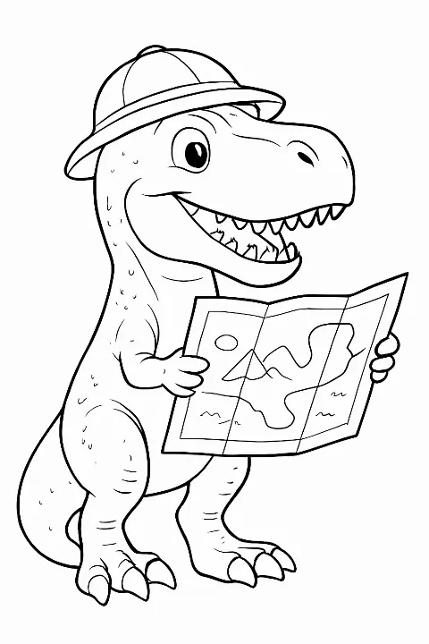 A cute T-Rex wearing a safari hat on a dinosaur explorer coloring page.