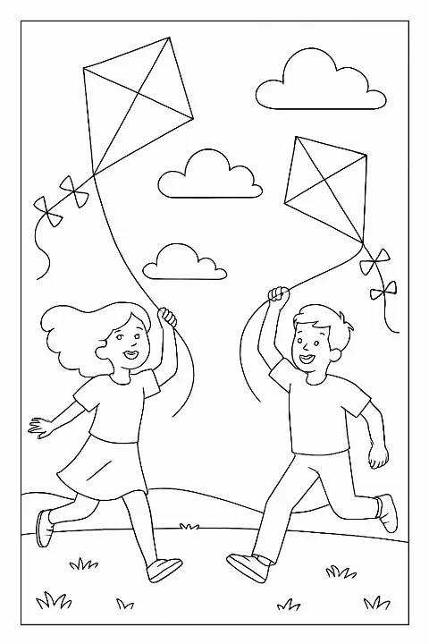 Two happy friends running with colorful kites in a sunny meadow on a friends flying kites coloring page.