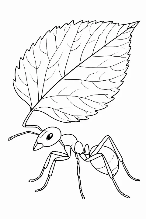 A detailed ant coloring page featuring a lifelike ant carrying a large leaf in a garden setting.
