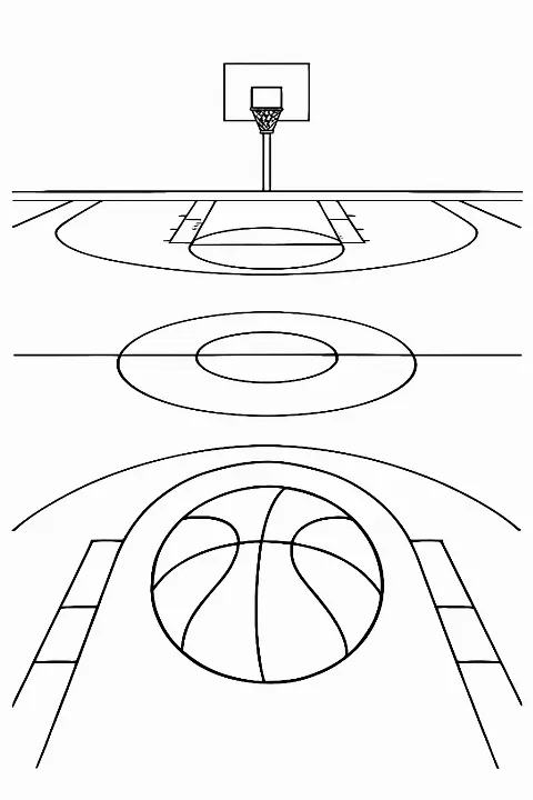 A detailed basketball court coloring page featuring clean lines and a center court logo.