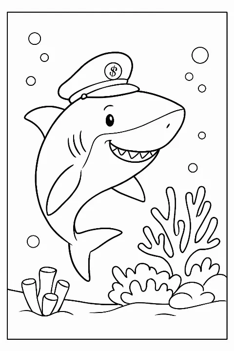 Friendly shark swimming near a colorful coral reef on a printable shark coloring page.
