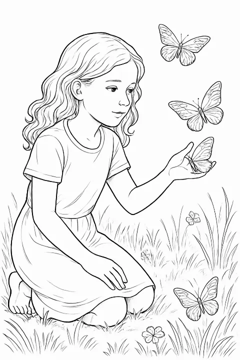 A detailed girl observing butterflies coloring page featuring a meadow scene with flowers and winged insects.