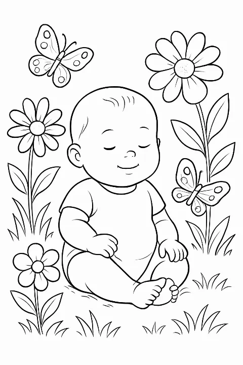 A cute baby sitting among flowers and butterflies on a baby in garden coloring page.
