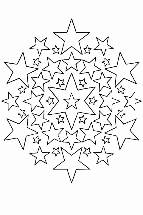 Intricate mandala design featuring various star shapes on this celestial star coloring page for kids and adults.