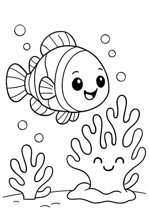 A happy clownfish swimming in a coral reef on a fun clownfish coloring page.