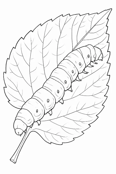 A detailed silkworm coloring page featuring a realistic caterpillar on a mulberry leaf.