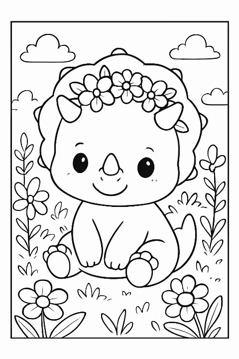 A cute baby triceratops wearing a flower crown in a beautiful garden, perfect for a baby triceratops coloring page.