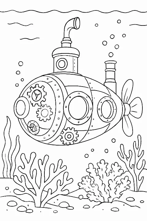 Detailed steampunk submarine coloring page featuring gears and sea life in an underwater setting.