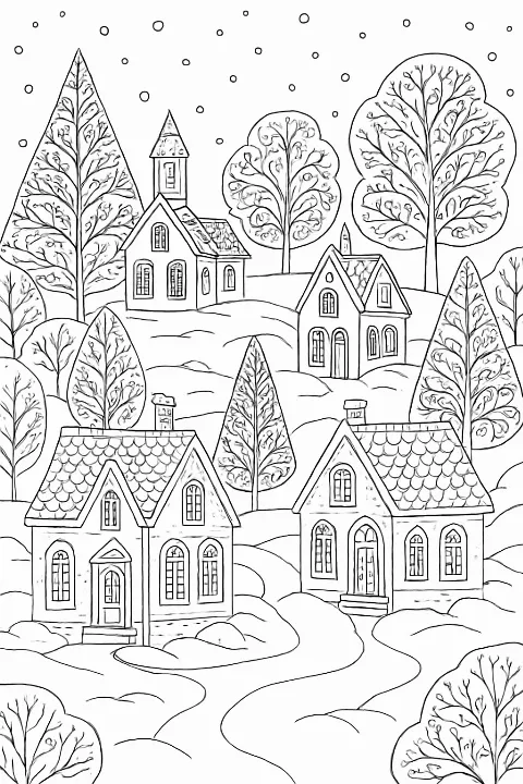 A highly detailed winter village coloring page featuring festive houses and snowy landscapes.