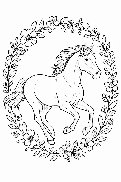 Realistic galloping horse coloring page framed by a decorative flower wreath