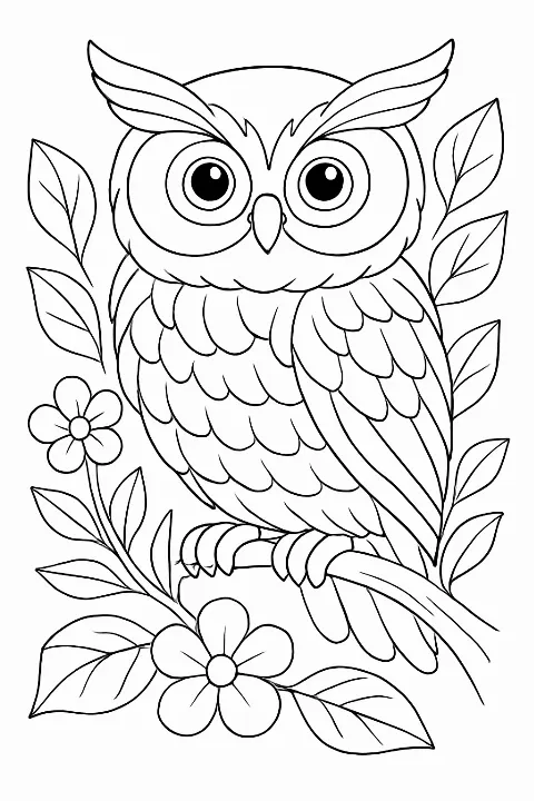 A detailed owl coloring page featuring a cute owl sitting on a branch surrounded by flowers.