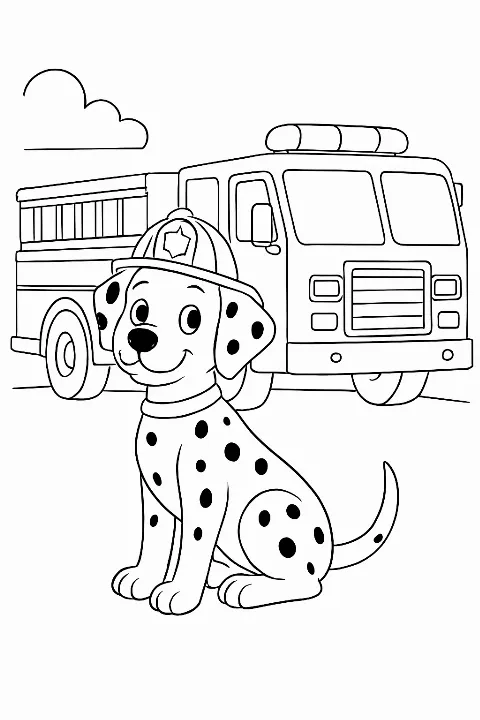 A cute Dalmatian wearing a firefighter helmet on a firefighter dalmatian coloring page.