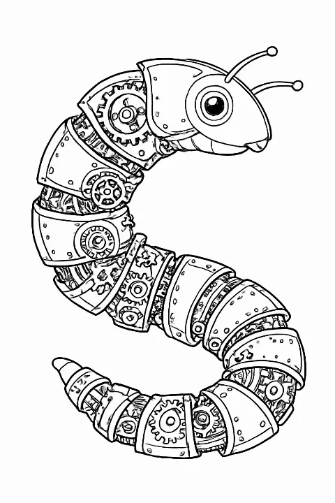 Detailed mechanical worm coloring page with steampunk gear patterns and clean black lines.