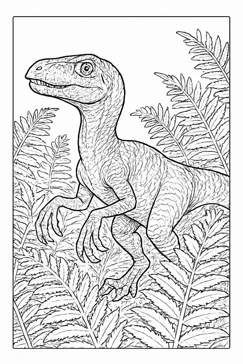 Detailed velociraptor coloring page featuring a lifelike raptor standing among forest ferns and plants.