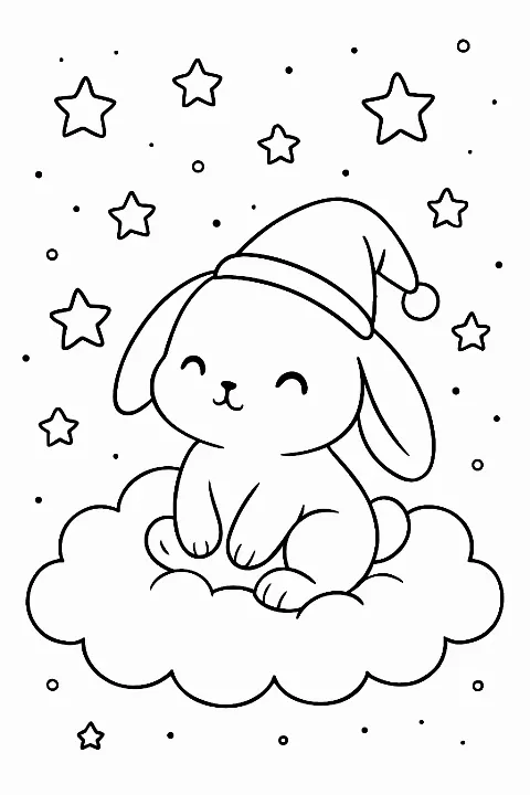 A cute bunny sitting on a cloud looking at stars in this stargazing rabbit coloring page.