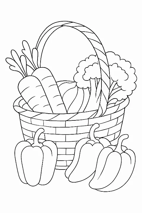 A detailed vegetable basket coloring page featuring fresh carrots and broccoli.