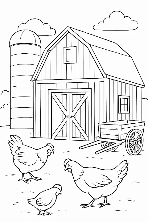 A detailed rustic barnyard scene coloring page featuring a barn, silo, and farm animals.