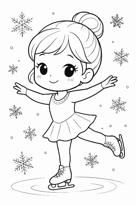 A happy chibi figure skater performing on ice in this detailed figure skater coloring page.