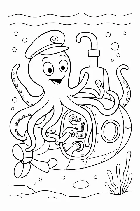 A cartoon octopus wearing a hat driving a submarine in this octopus submarine coloring page.