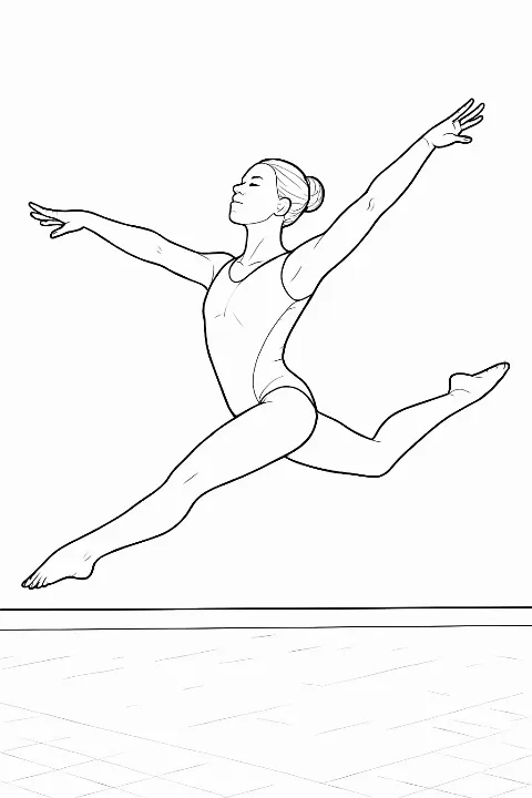 A talented gymnast performing a leap on a mat in this detailed gymnast floor routine coloring page.
