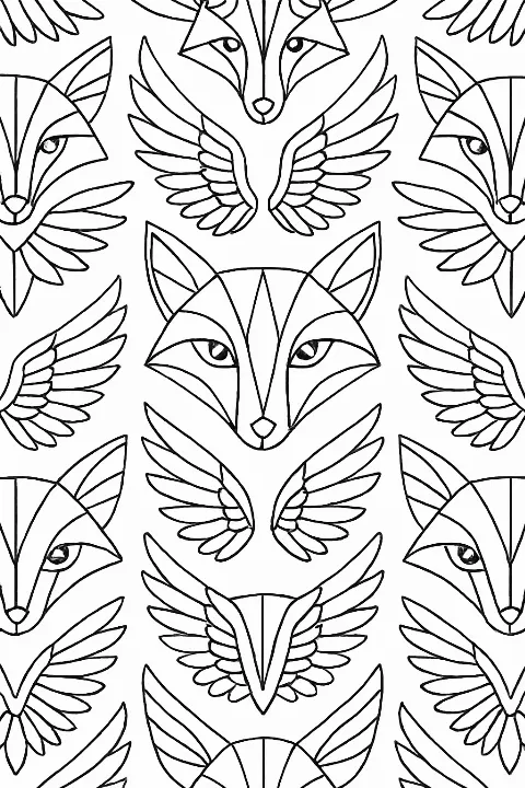 A creative geometric animal coloring page with repeating fox and bird shapes and bold outlines.