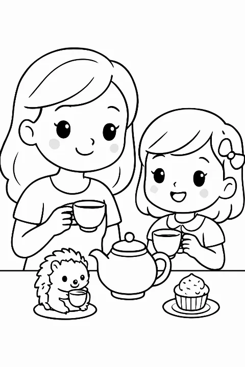 A cute mother and child tea party coloring page with a small hedgehog and delicious cupcakes.