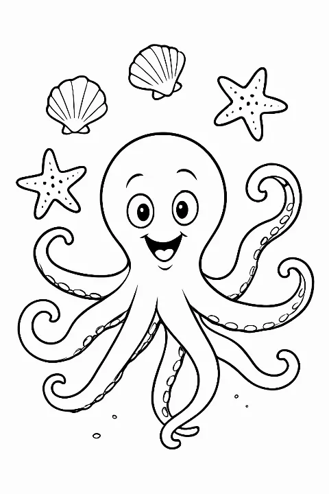 A smiling octopus juggling seashells and starfish in this juggling octopus coloring page.