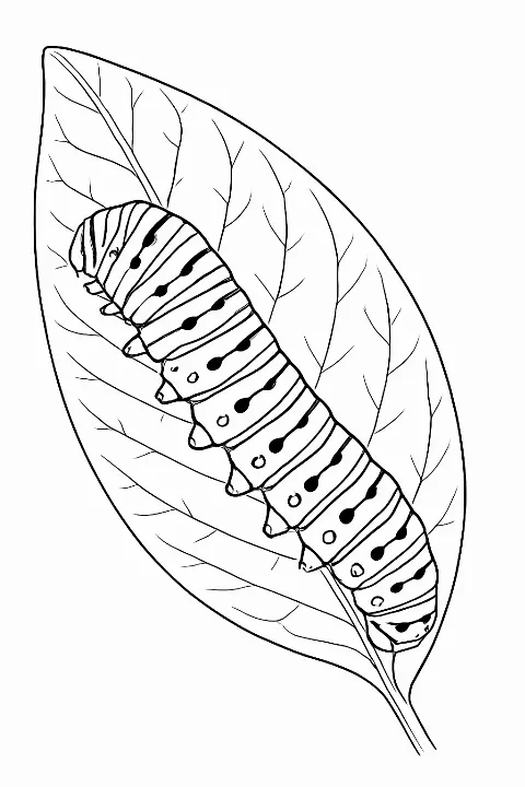 A realistic caterpillar resting on a leaf in this detailed caterpillar coloring page for nature lovers.