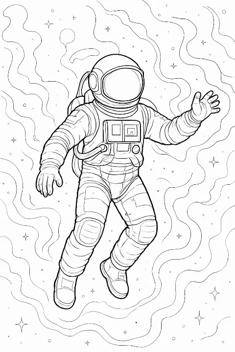 A detailed astronaut floating in space with nebulae on a printable astronaut coloring page.
